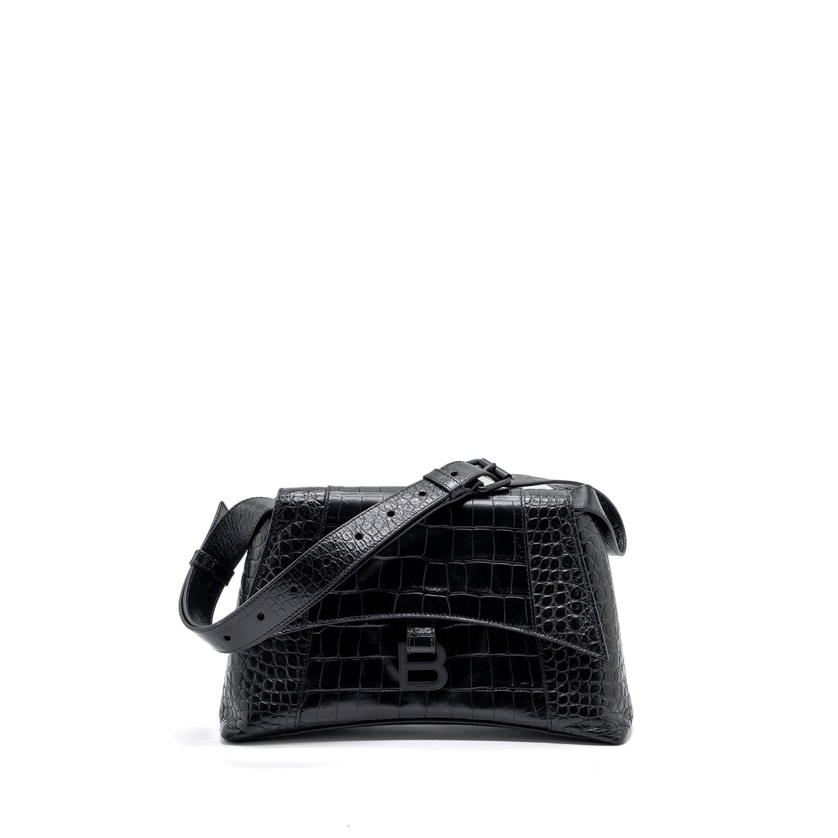 balenciaga Downtown Small Shoudler Bag Crocodile Embossed Black with Black Hardware
