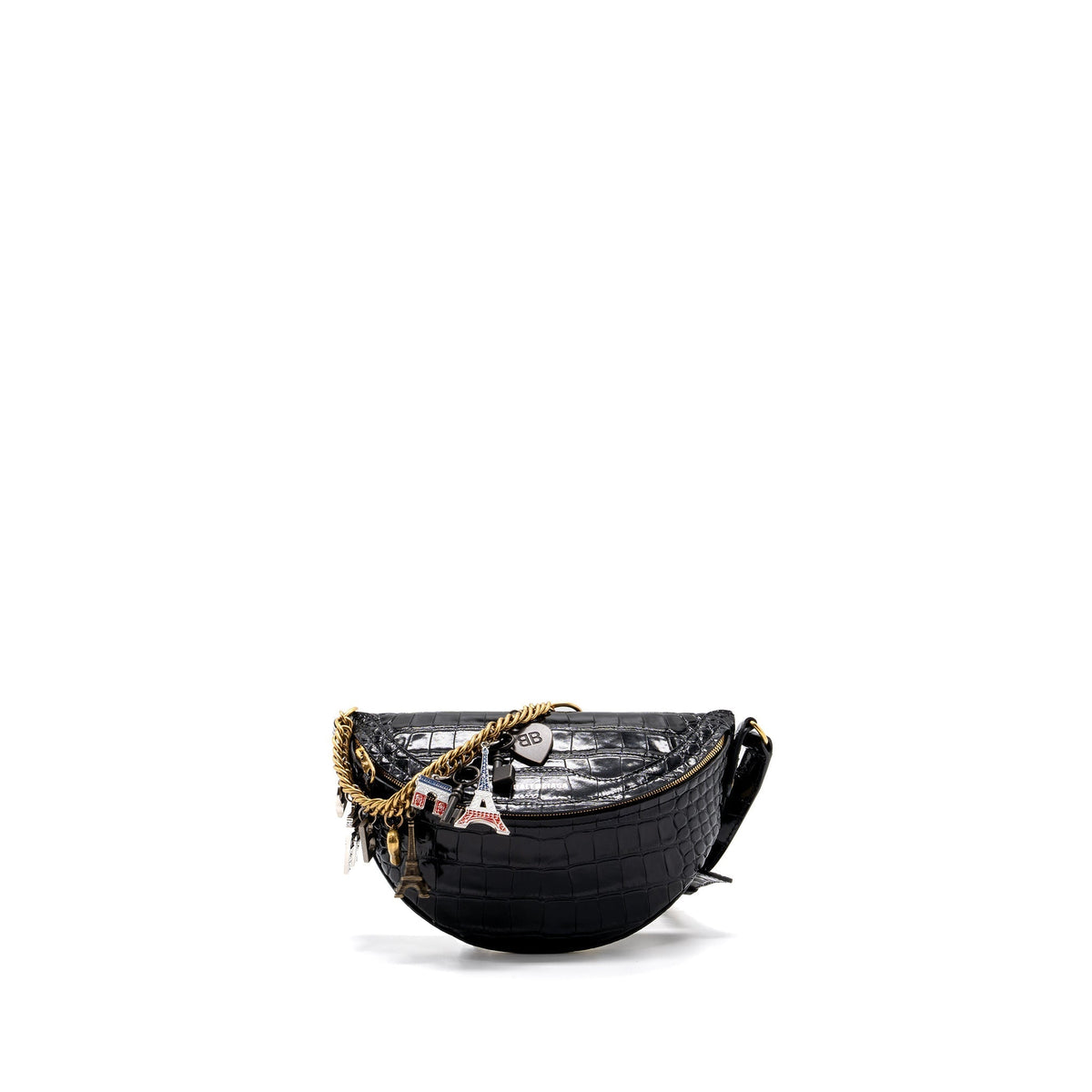 balenciaga SOUVENIR BELT BAG Croc-Embossed Calfskin Black GHW
