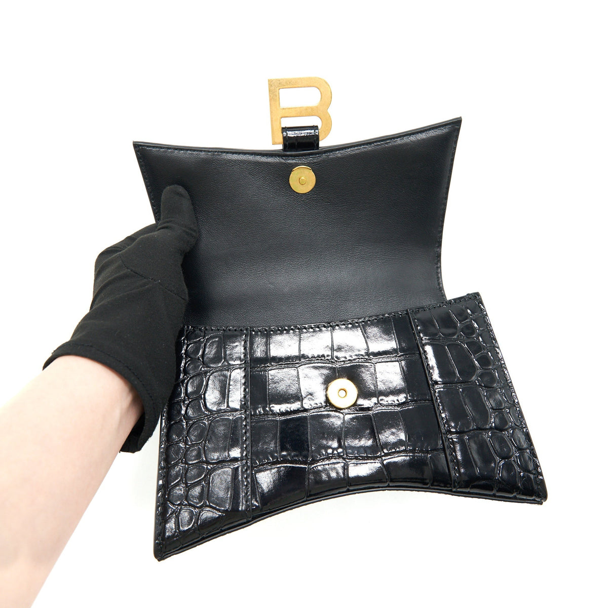 balenciaga Hourglass XS Embossed calfksin black GHW