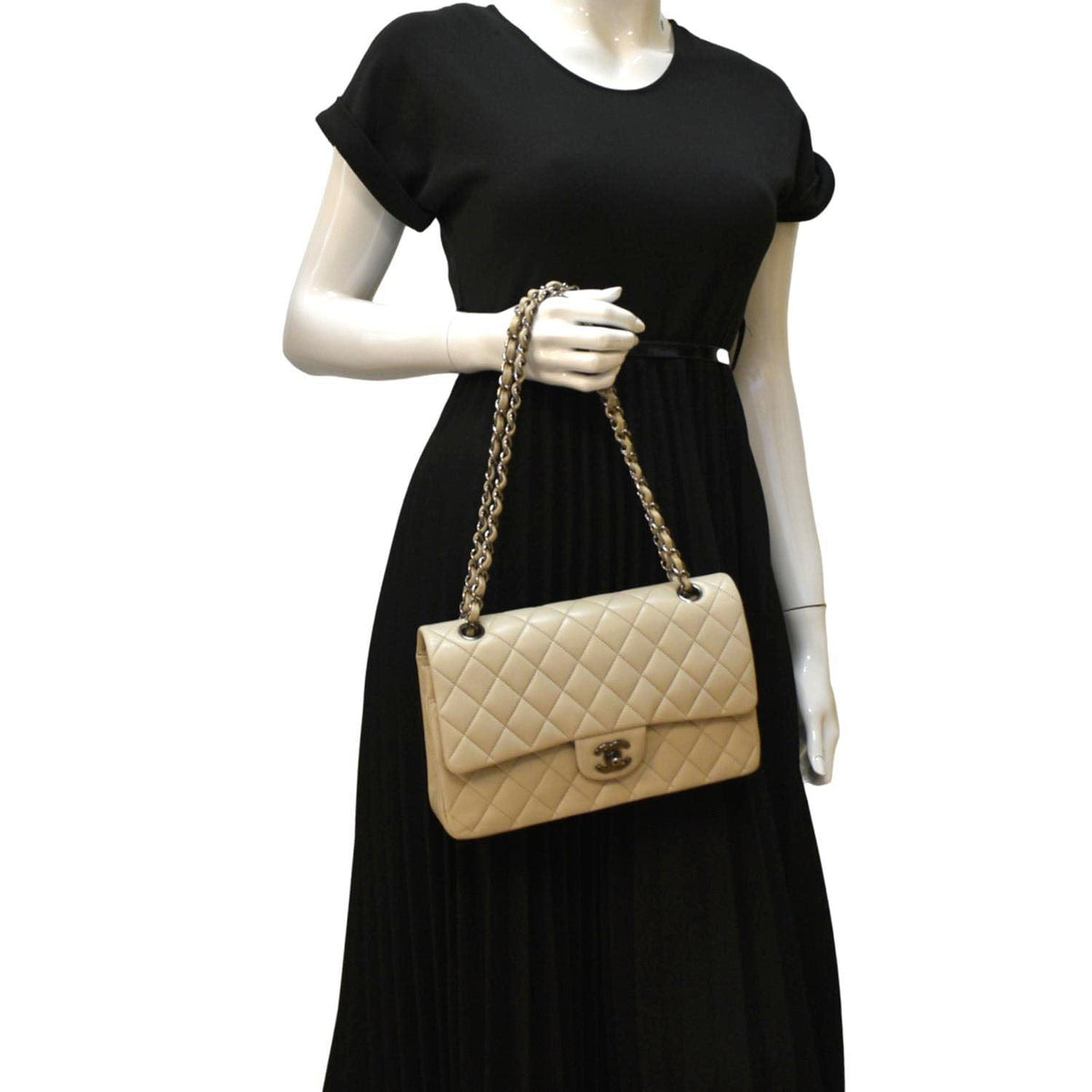 Chanel Classic Medium Double Flap Quilted Leather Shoulder Bag Ivory