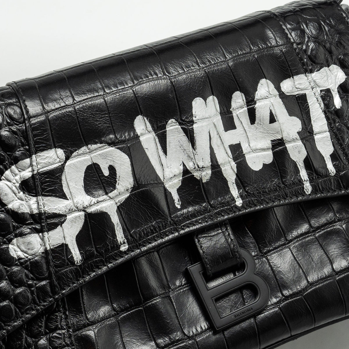 balenciaga Limited Edition Downtown Small Shoulder Bag Croc-Embossed Calfskin Black with Black Hardware
