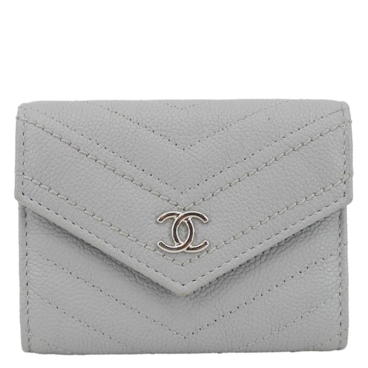 Chanel Envelope Flap Chevron Caviar Leather Compact Wallet Grey