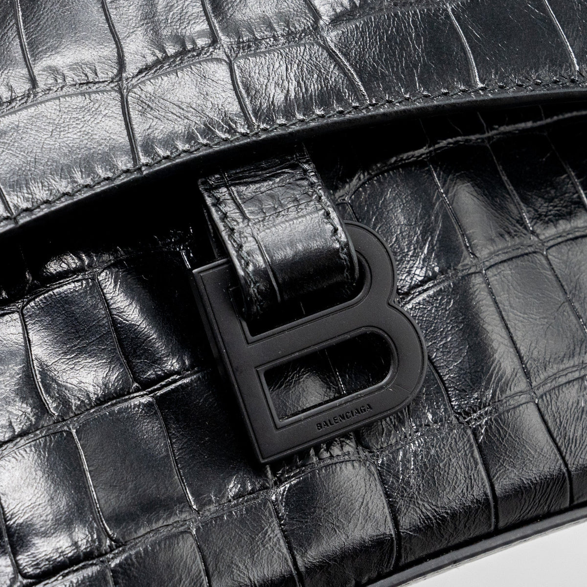 balenciaga Downtown Small Shoudler Bag Crocodile Embossed Black with Black Hardware