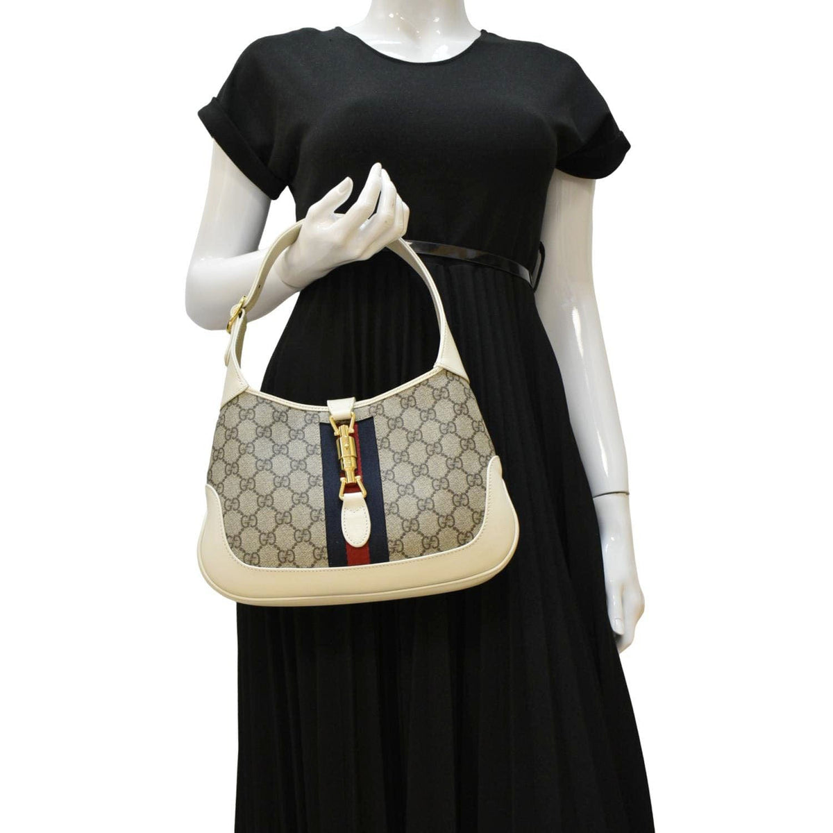 GUCCI Jackie 1961 Small GG Supreme Canvas Leather Shoulder Bag Beige 636706
