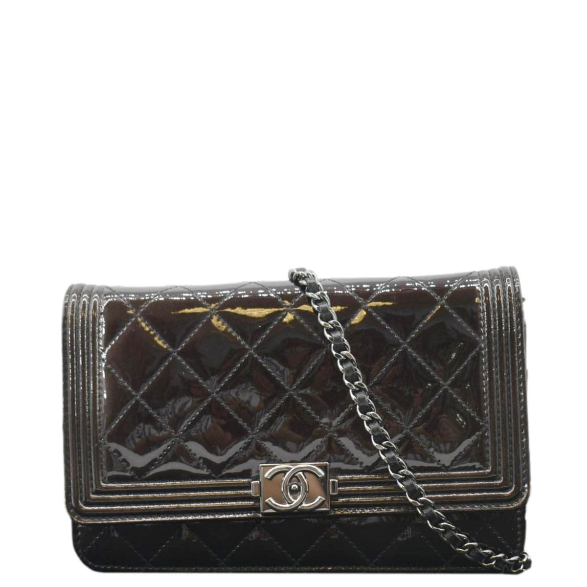 Chanel Boy WOC Quilted Patent Leather Wallet On Chain Shoulder Bag Black