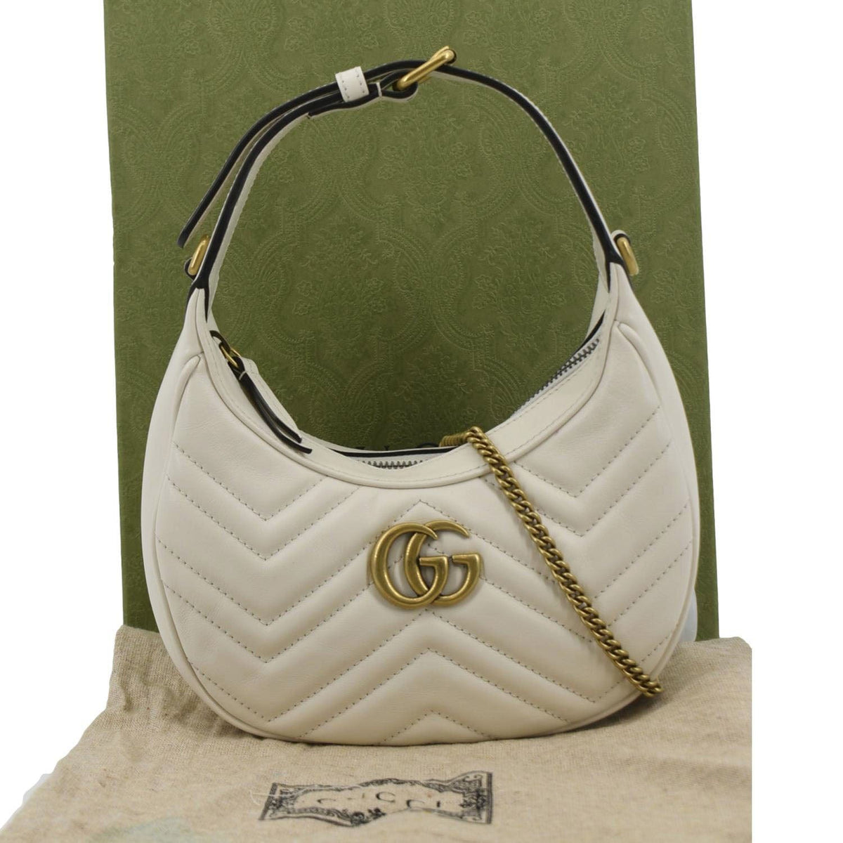 GUCCI GG Marmont Half Moon Leather Shoulder Bag White 699514