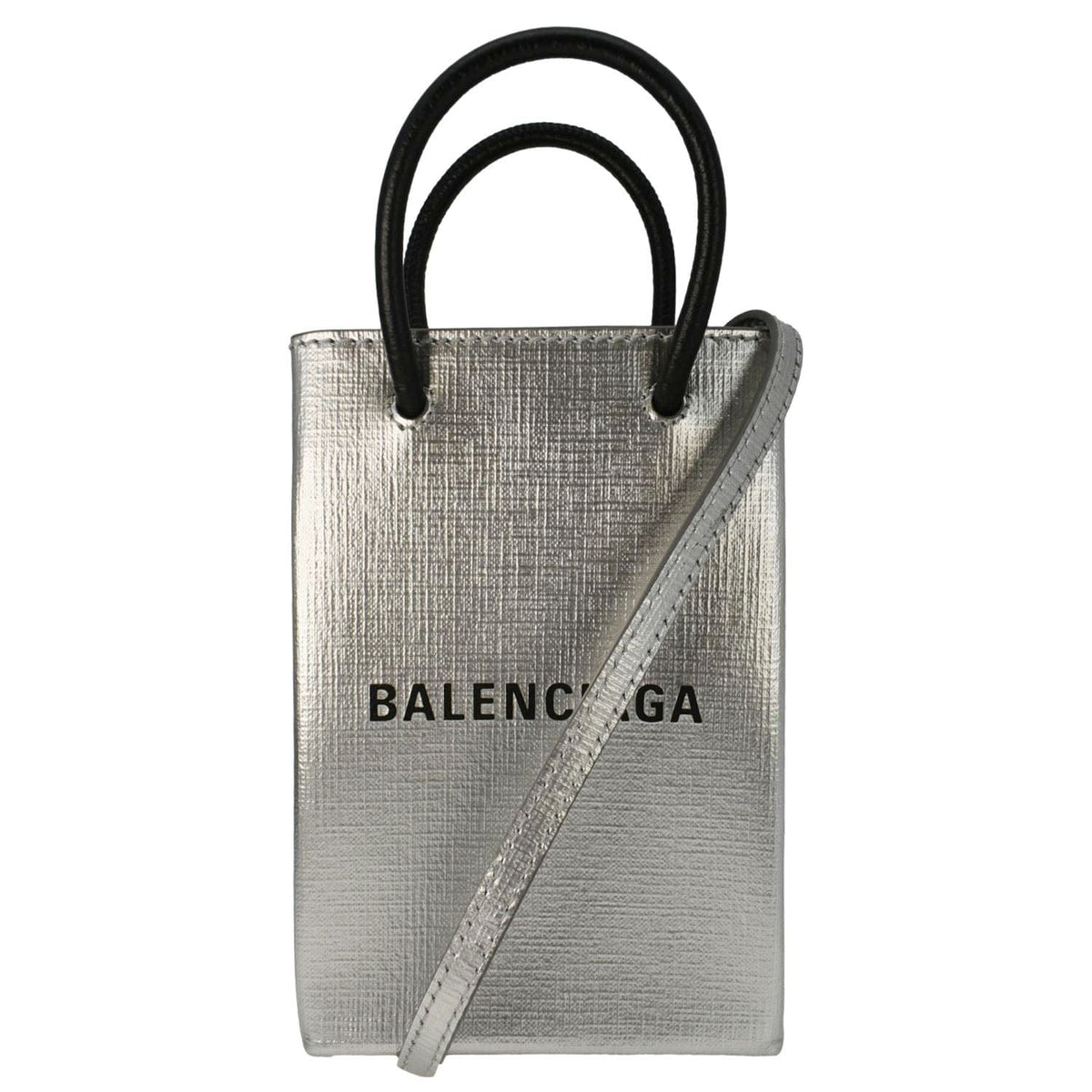 balenciaga Metallic Logo Leather Shopping Phone Holder Silver
