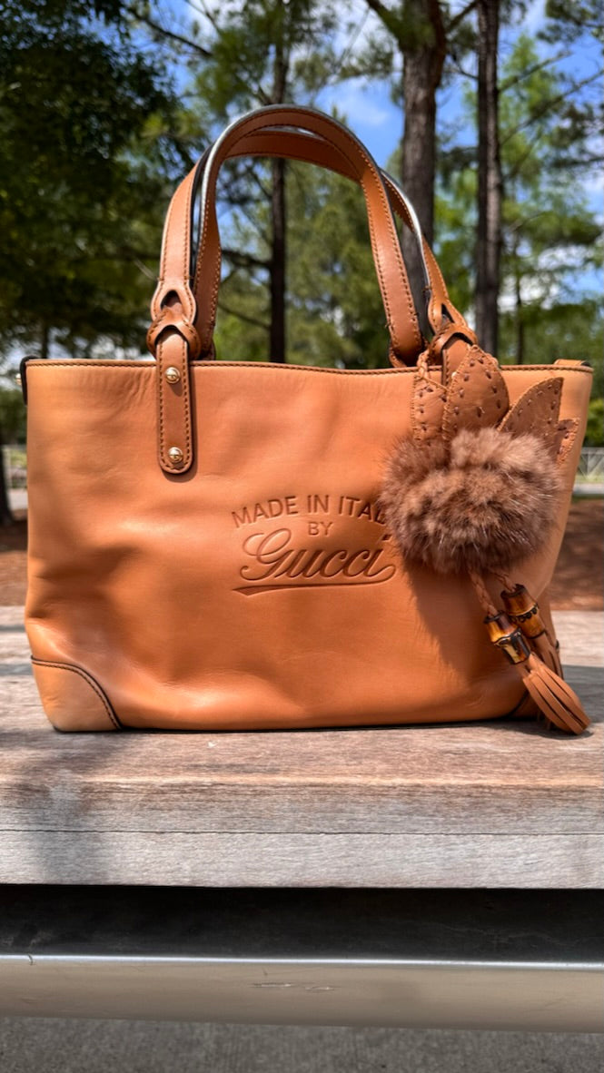 Gucci Tan Leather Craft Bag with Fur Pouch