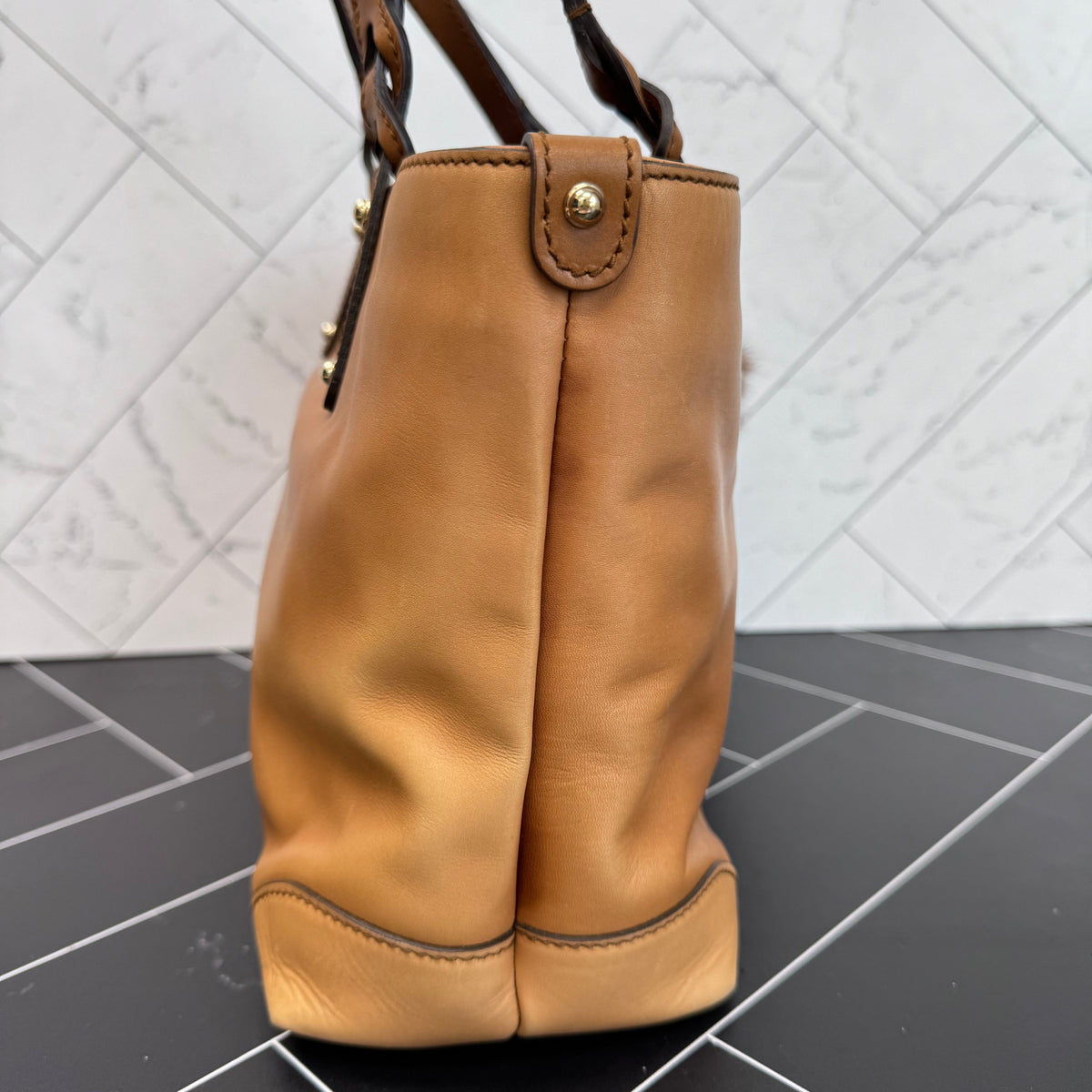 Gucci Tan Leather Craft Bag with Fur Pouch