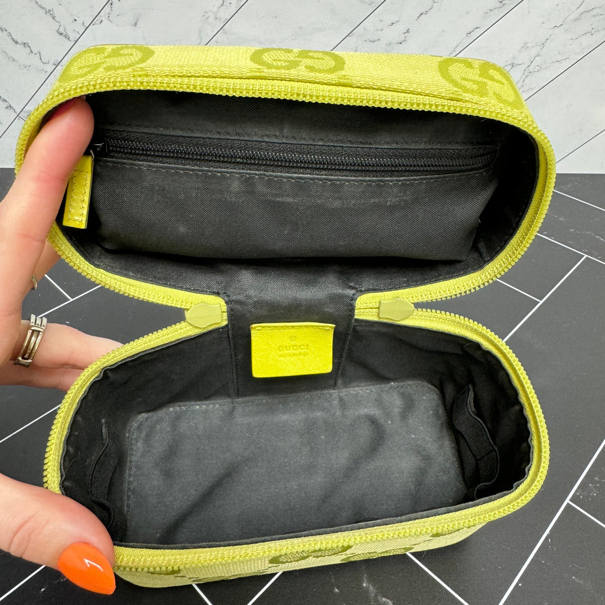 Gucci Green Canvas Top Handle Vanity Bag