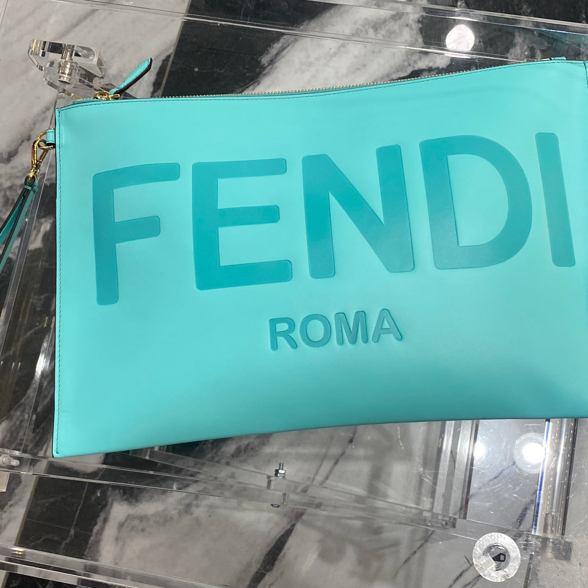 FENDI ROMA EMBOSSED LOGO LARGE POUCH CLUTCH BAG