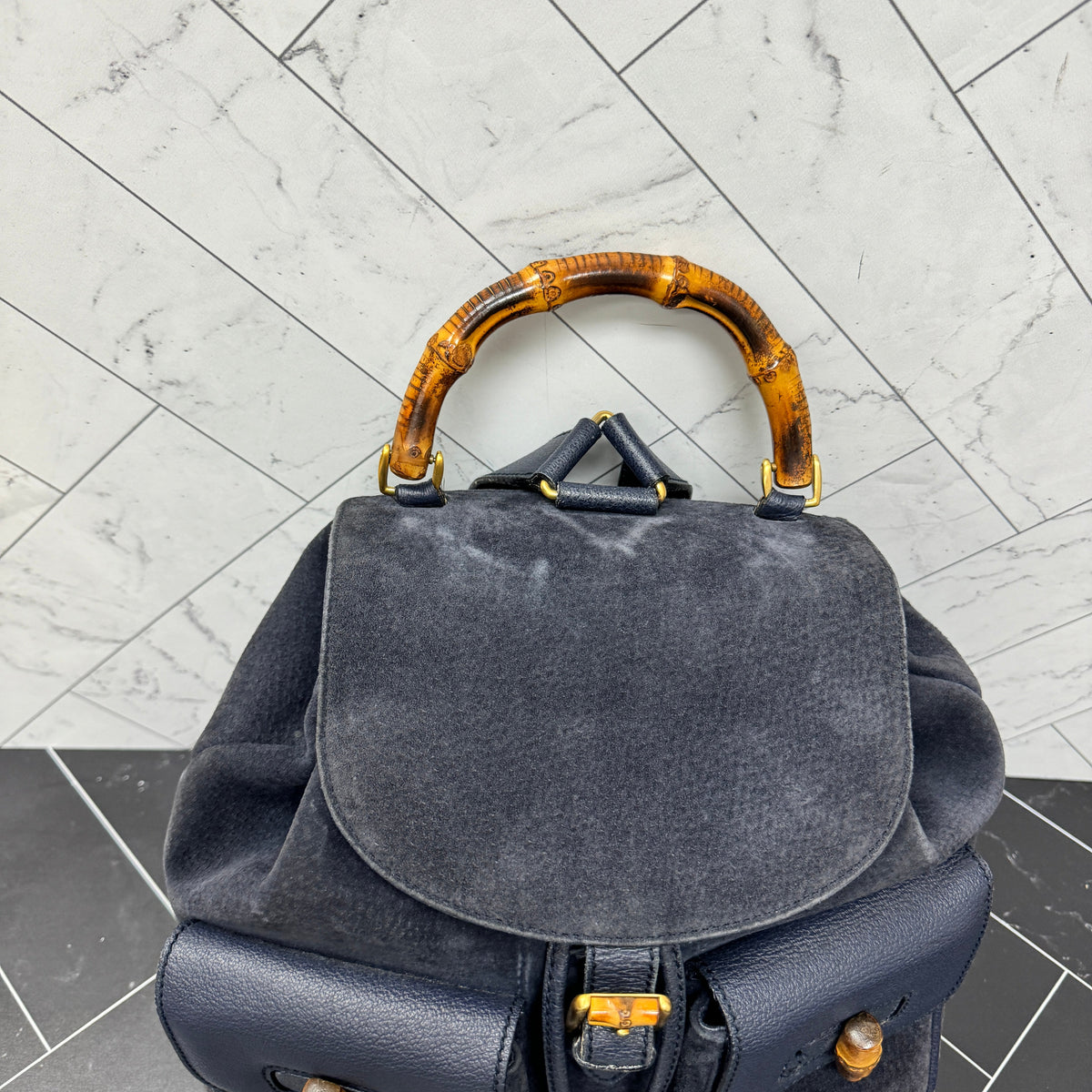 Gucci Navy Blue Suede Bamboo Small Backpack