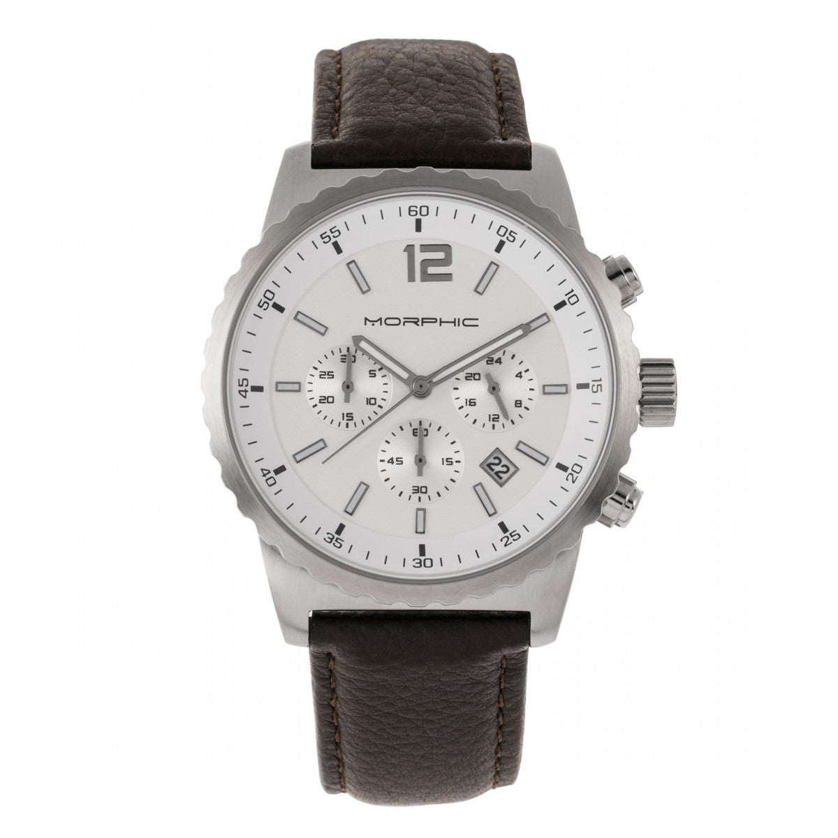 Morphic M67 Series Chronograph Leather-Band Watch w/Date - Silver/Brown