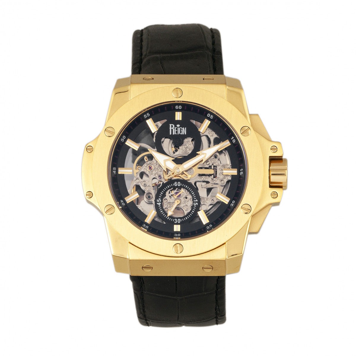 Reign Commodus Automatic Skeleton Leather-Band Watch - Gold/Black