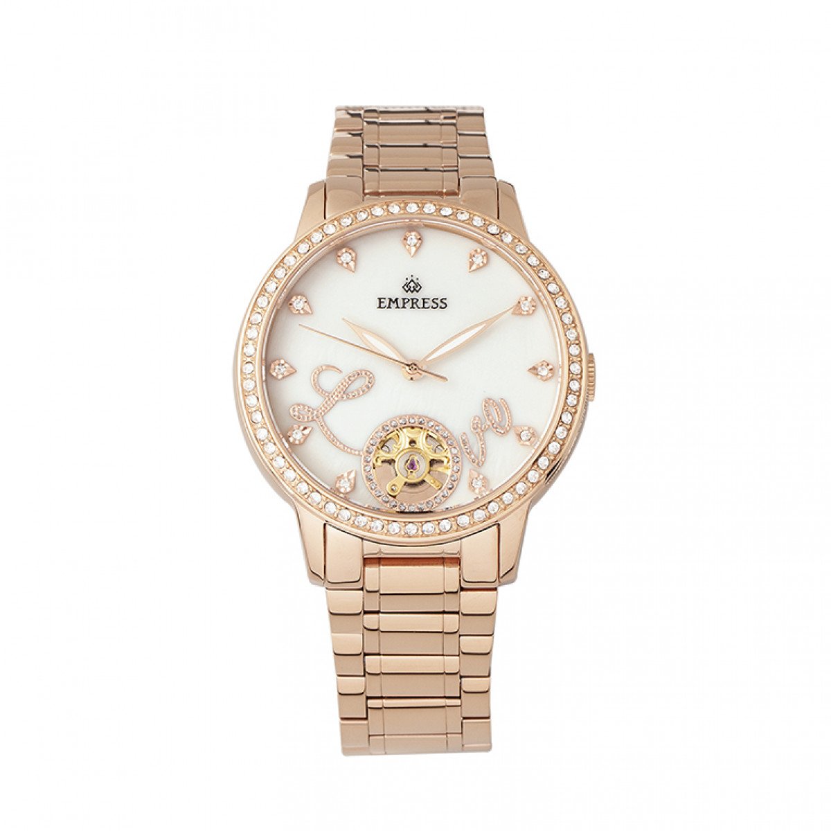 Empress Quinn Automatic MOP Semi-Skeleton Dial Bracelet Watch