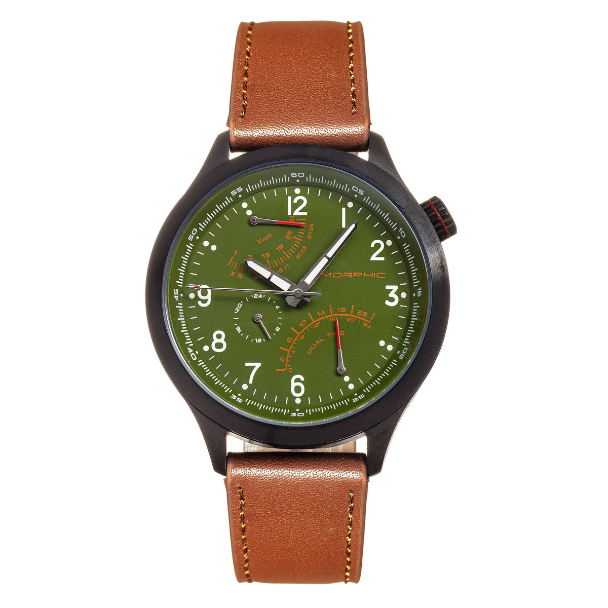 Morphic M44 Series Dual-Time Leather-Band Watch w/ Retrograde Date