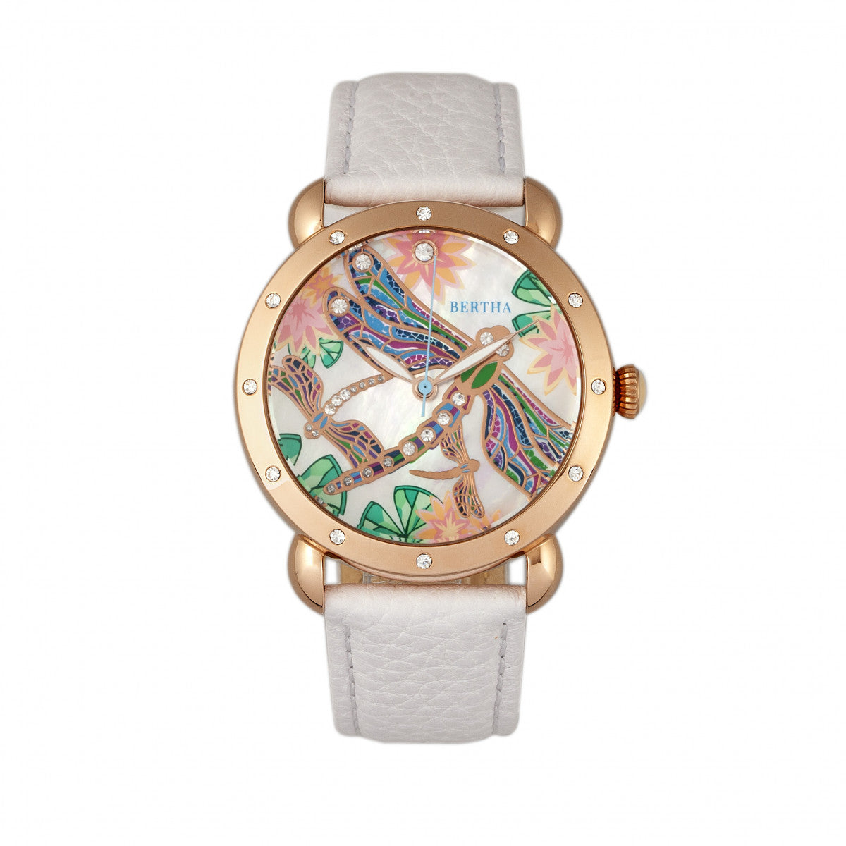 Bertha Jennifer MOP Leather-Band Ladies Watch - Rose Gold/White