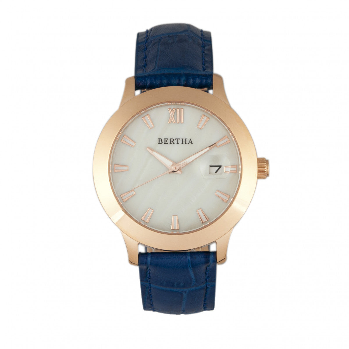 Bertha Eden Mother-Of-Pearl Leather-Band Watch w/Date - Blue/Rose Gold