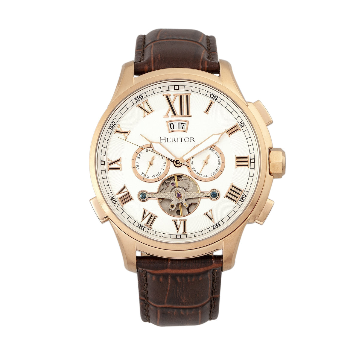 Heritor Automatic Hudson Semi-Skeleton Leather-Band Watch w/Day/Date