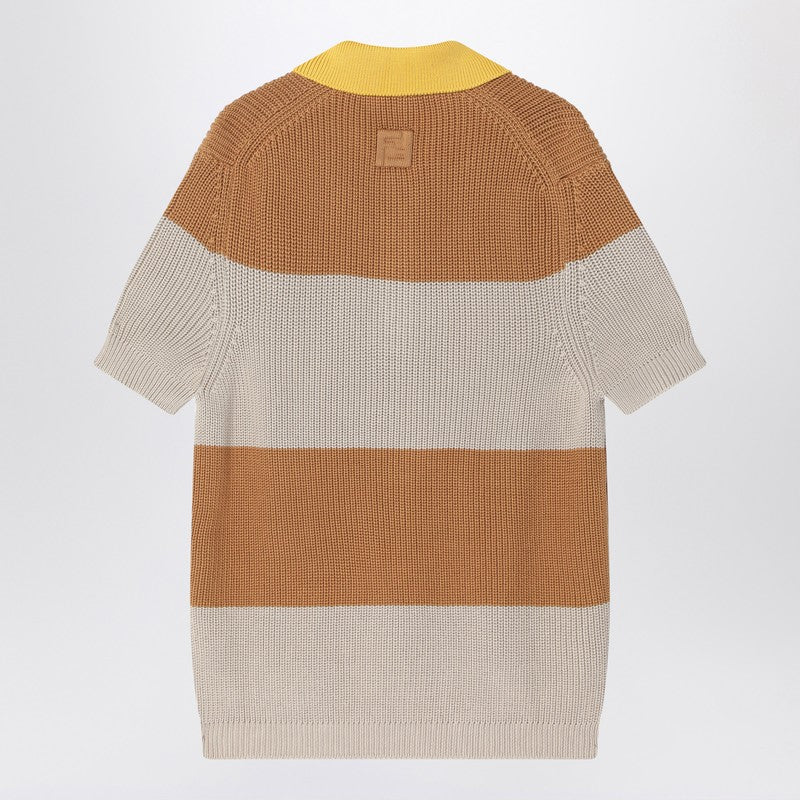 Fendi Knitted Cotton Polo Shirt With Sand And Beige Stripes Men