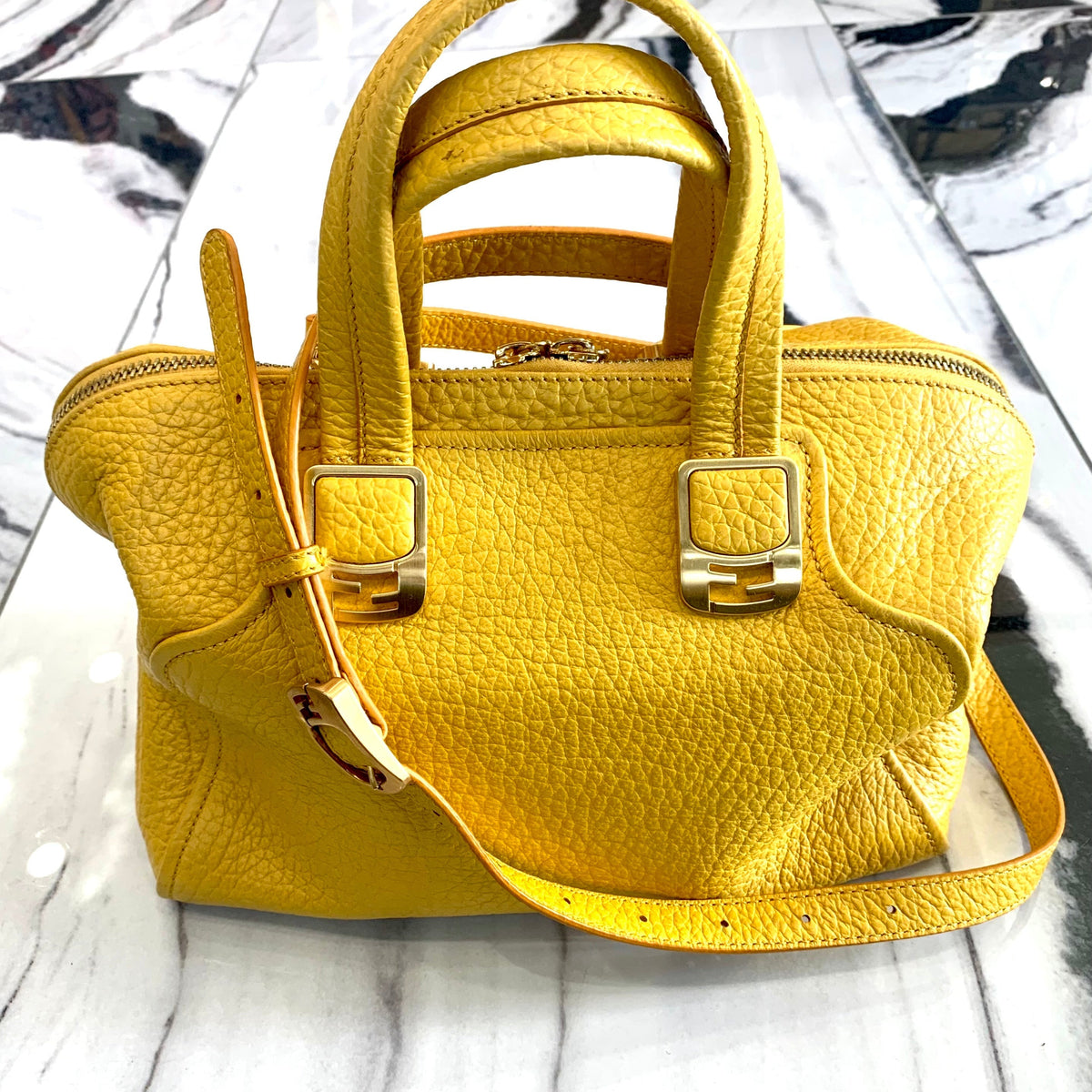 FENDI YELLOW PEBBLED CHAMELEON SATCHEL