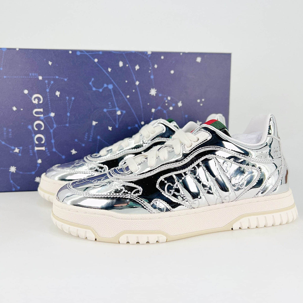 GG WOMEN'S RE WEB SNEAKER SILVER 825961 FAD56 8144