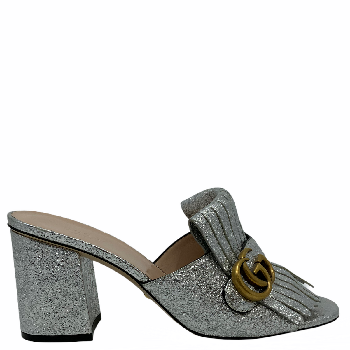 Gucci Marmont GG Metallic Foil Leather Fringe Mules Size 9.5