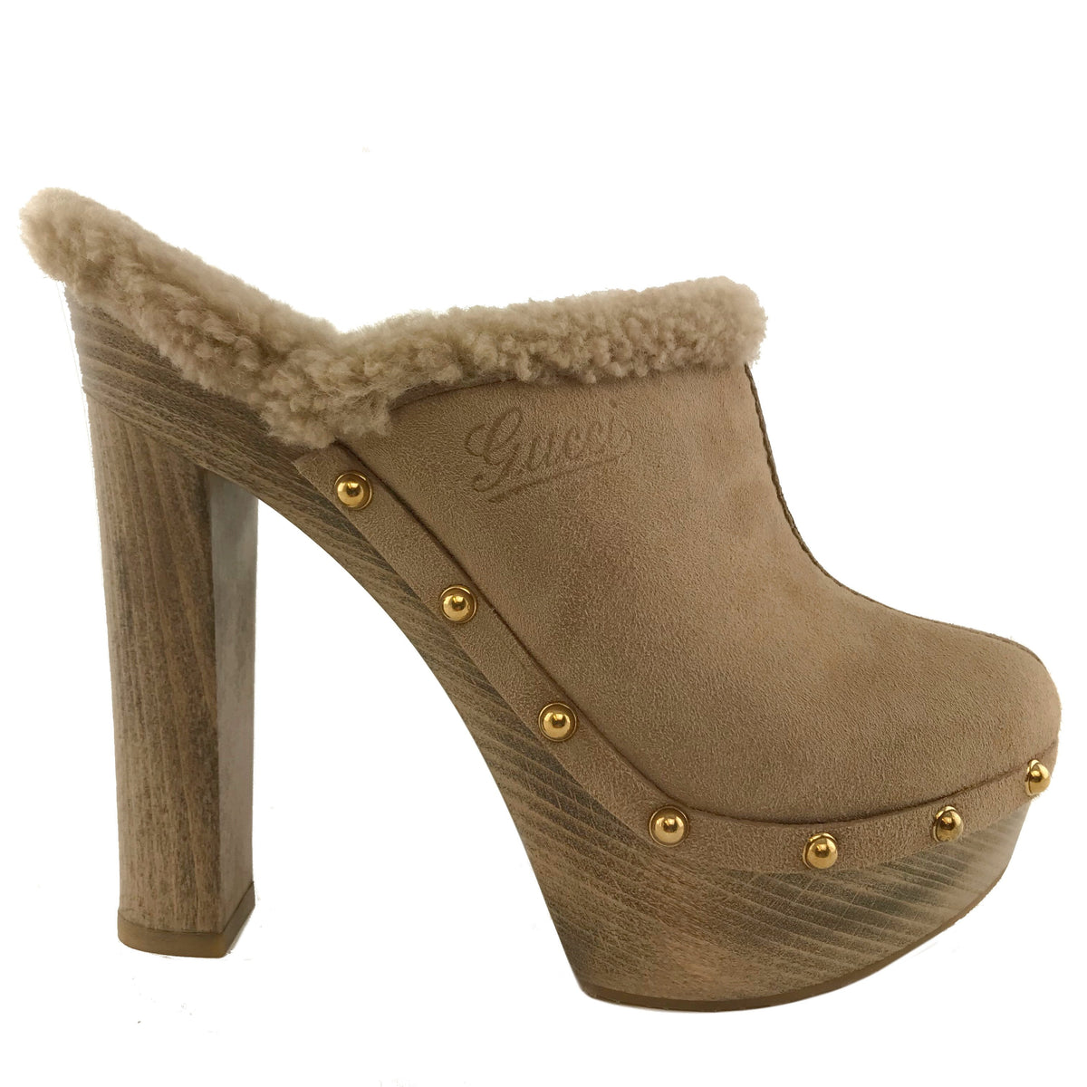 Gucci Suede Shearling Montana Platform Clogs Size 8.5