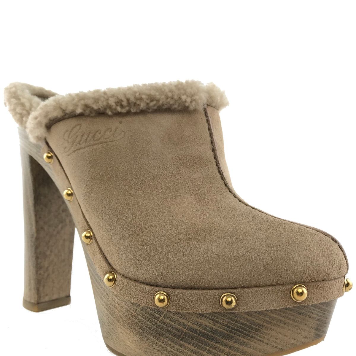 Gucci Suede Shearling Montana Platform Clogs Size 8.5