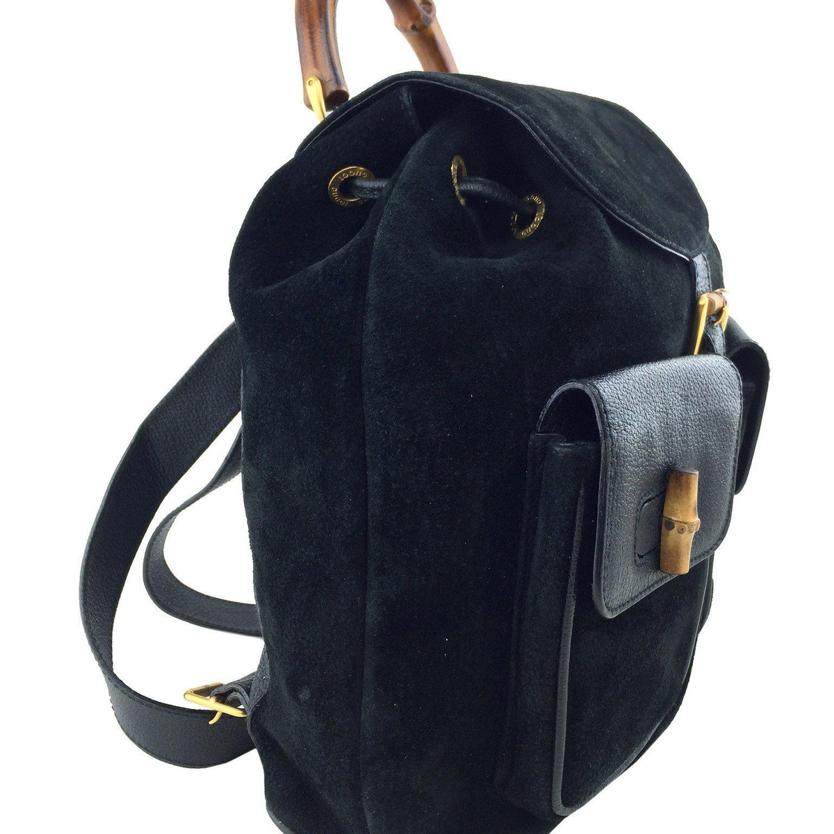 Gucci Vintage Suede Bamboo Drawstring Backpack Bag