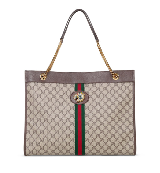 Gucci Rajah Tiger Large Tote Lion Beige Logo GG Bag Italy Brown Handbag New