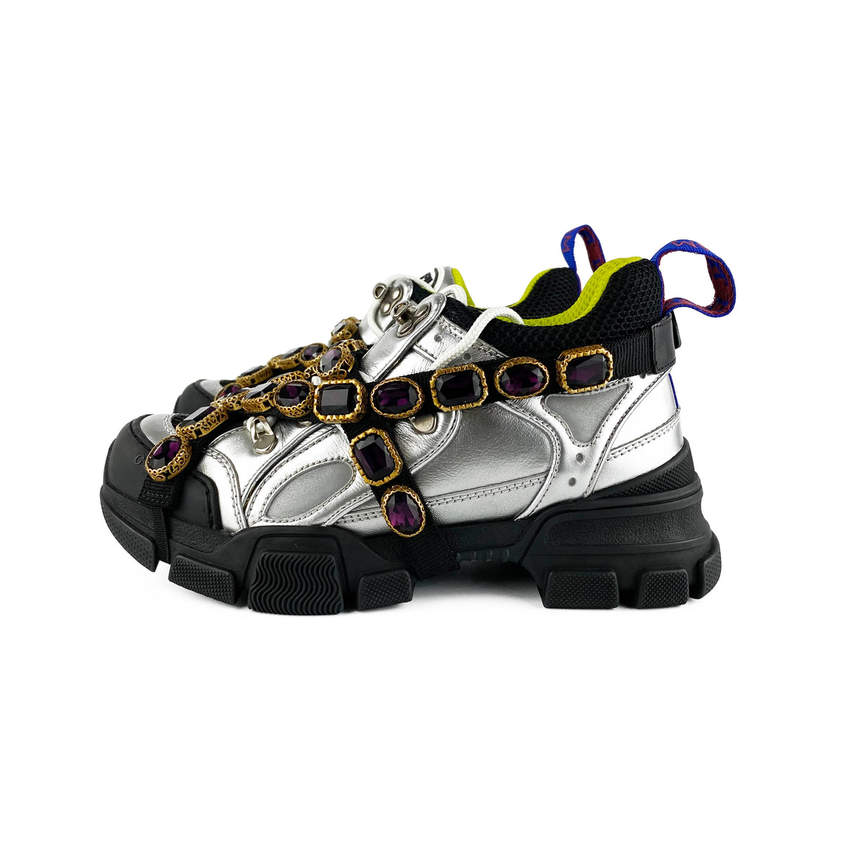 Gucci Silver Flashtrek Sneakers with Removable Crystals 36.5