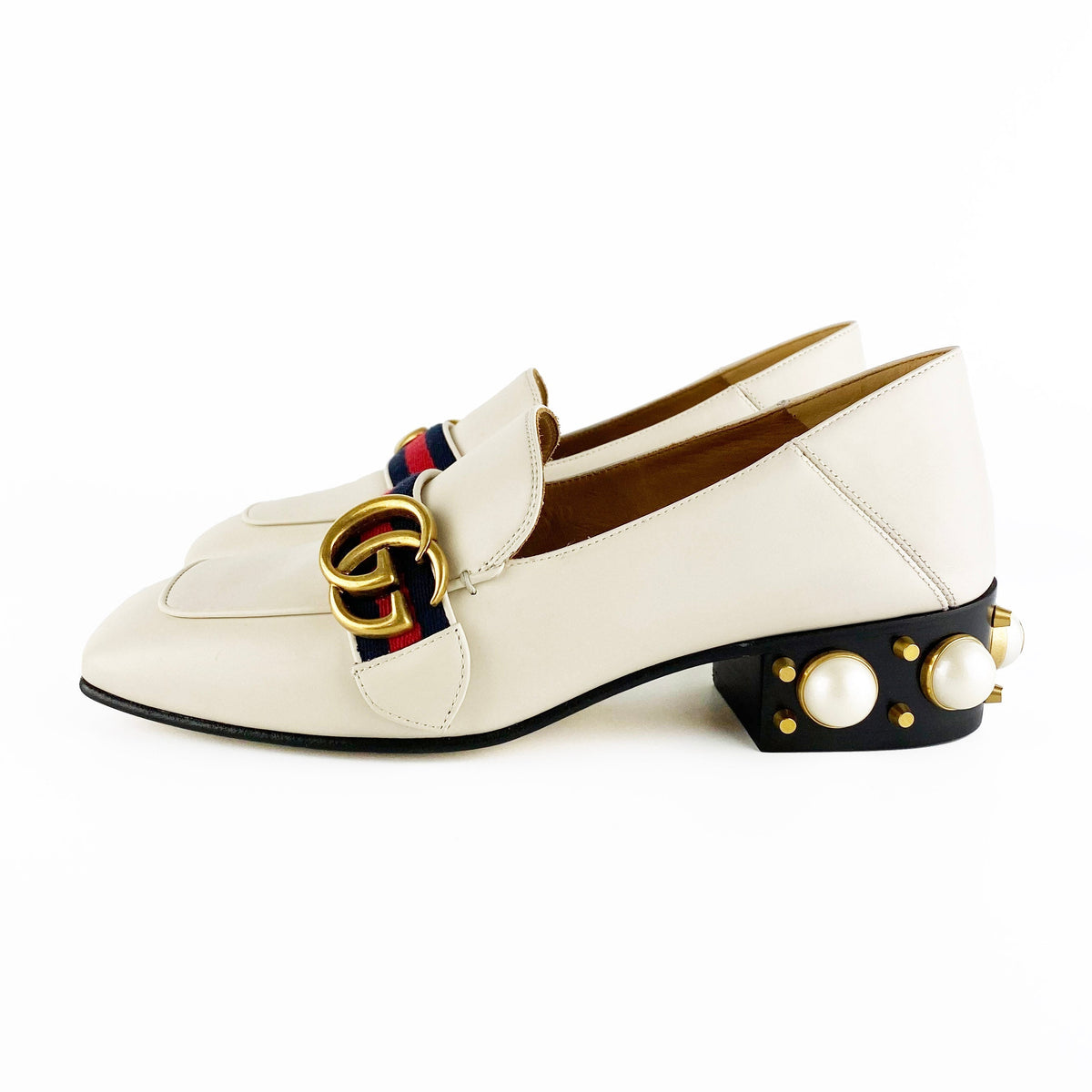 Gucci White Leather Mid-heel Loafers 36