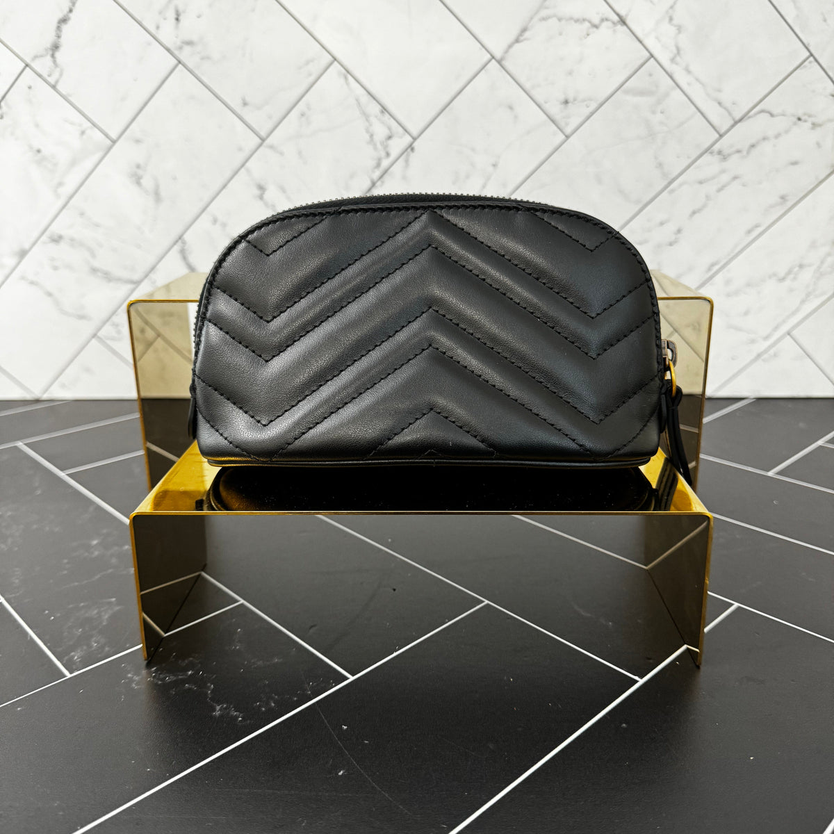 LIKE NEW Gucci Marmont Black Chevron Leather Cosmetics Pouch