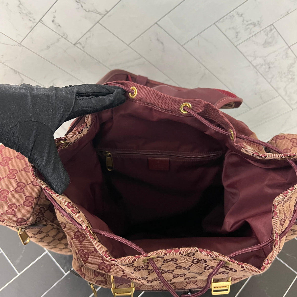 BRAND NEW Gucci Burgundy Canvas Double Side Pouch Backpack
