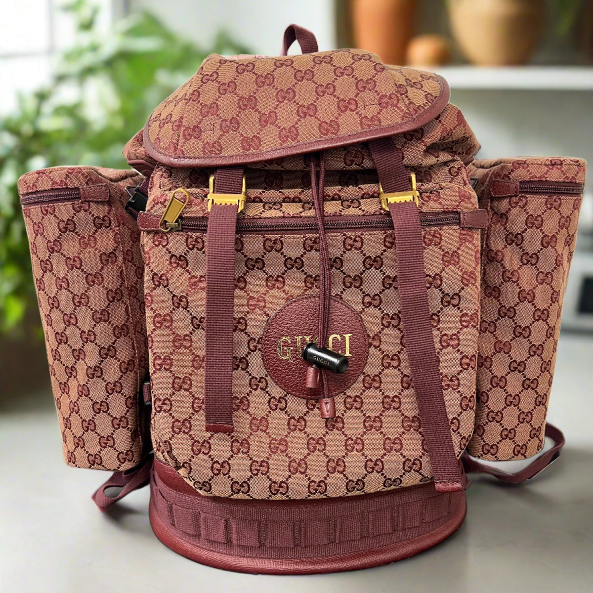 BRAND NEW Gucci Burgundy Canvas Double Side Pouch Backpack