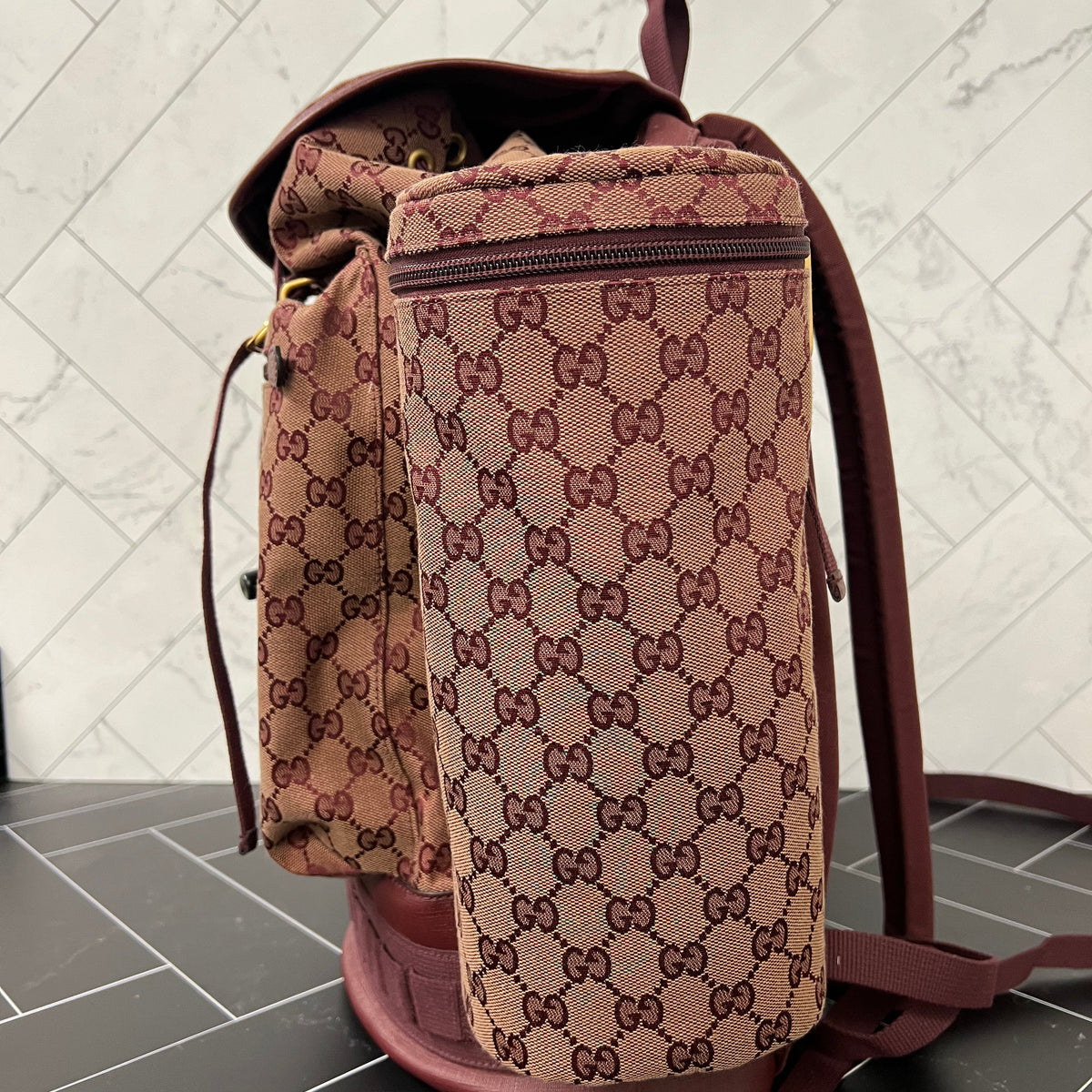 BRAND NEW Gucci Burgundy Canvas Double Side Pouch Backpack