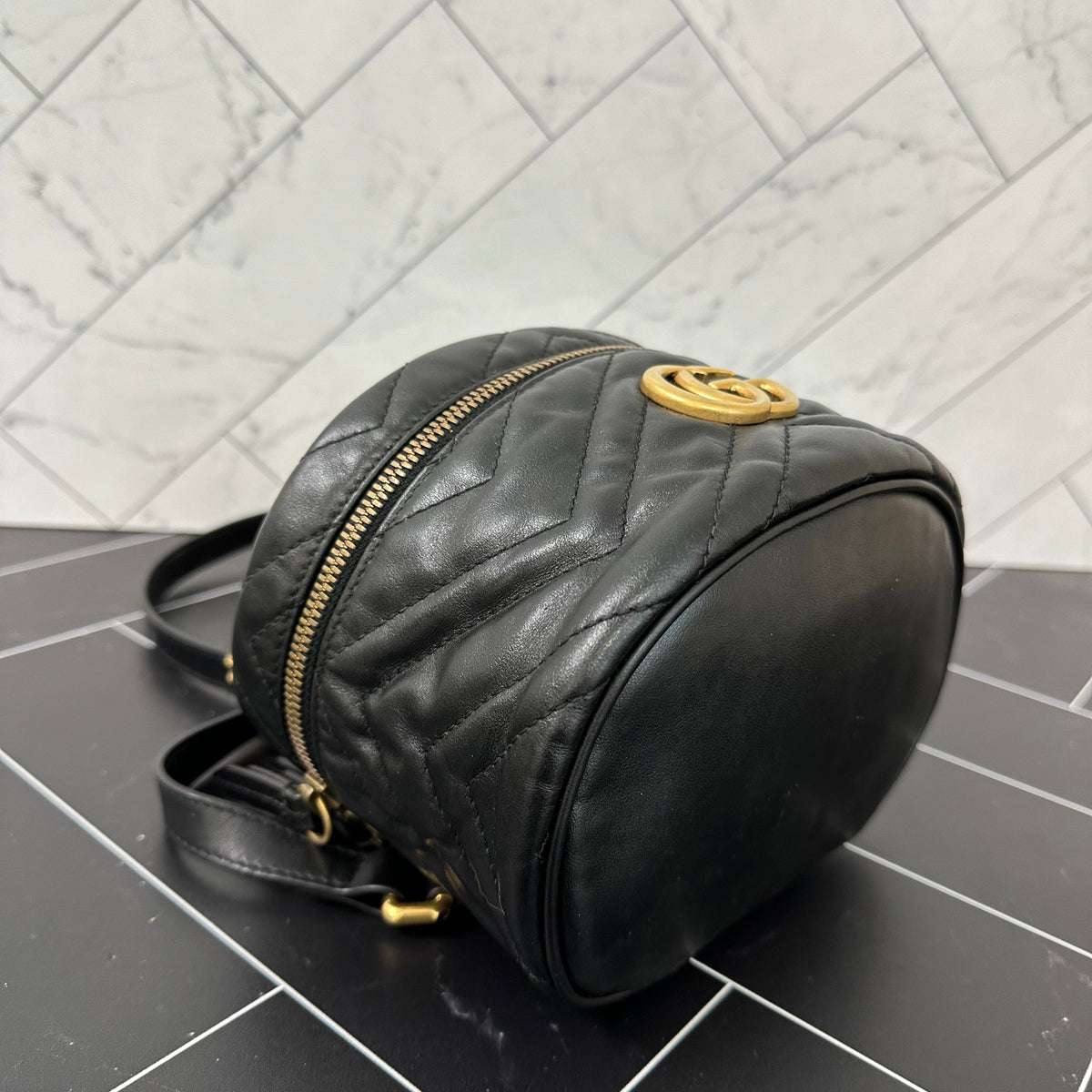Gucci GG Marmont Black Leather Chevron Mini Backpack