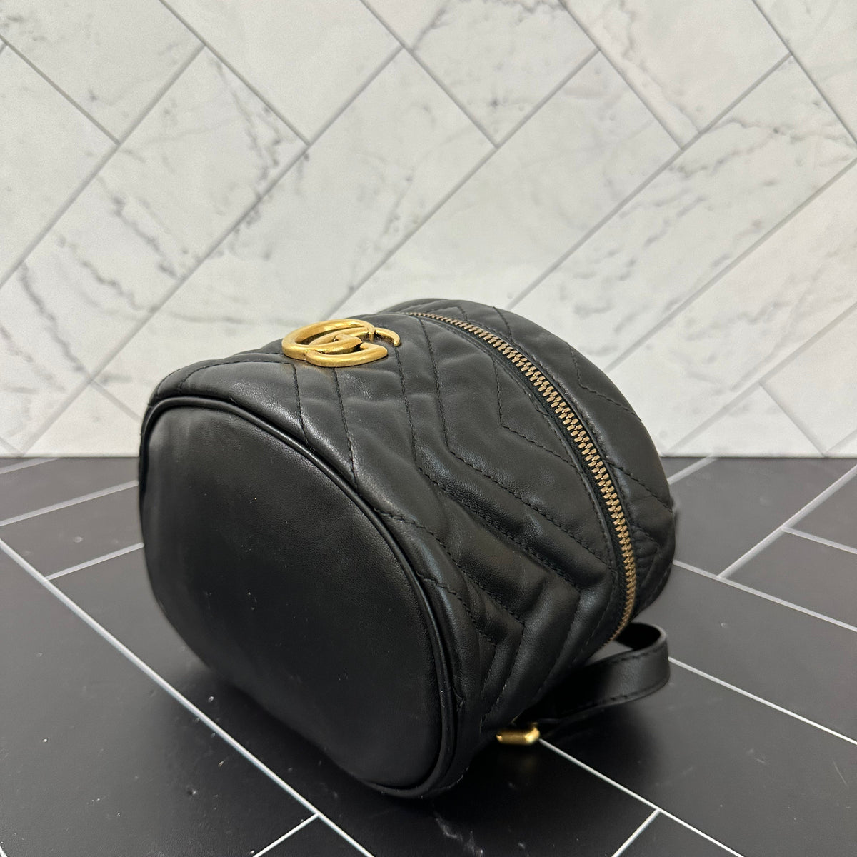 Gucci GG Marmont Black Leather Chevron Mini Backpack