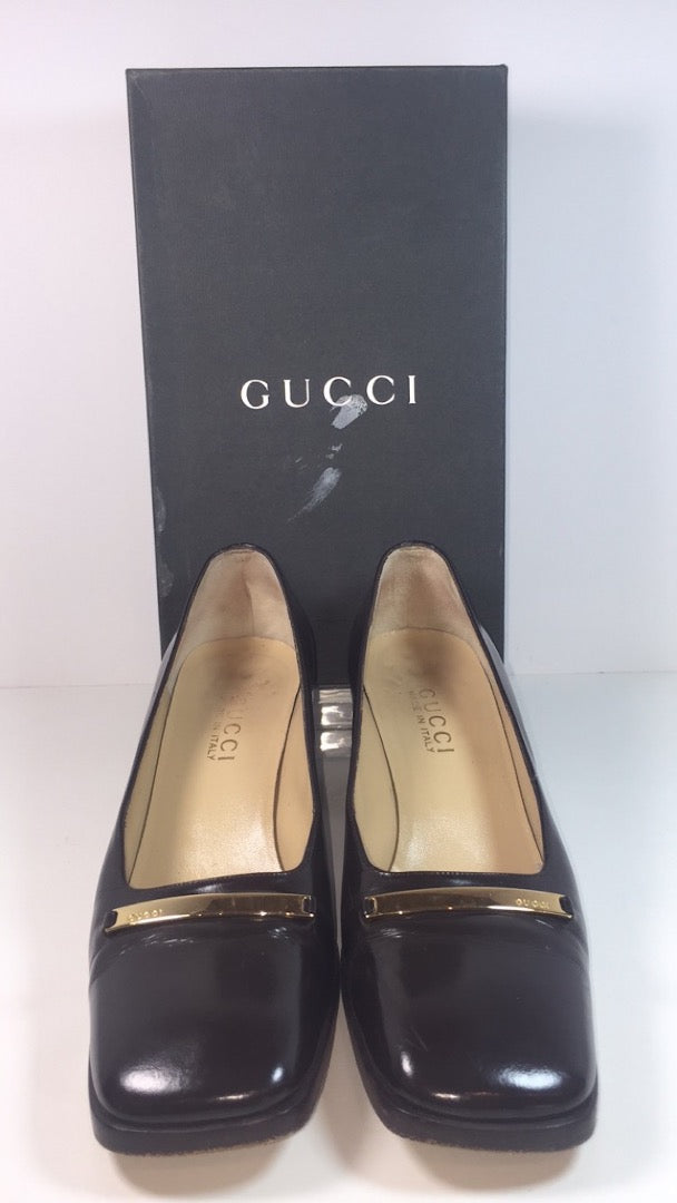 GUCCI Brown Patent Leather Gold Logo Block Heel With Box Size 7 1/2