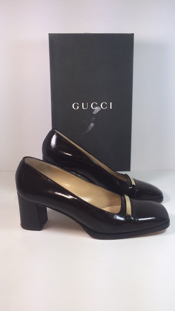GUCCI Brown Patent Leather Gold Logo Block Heel With Box Size 7 1/2