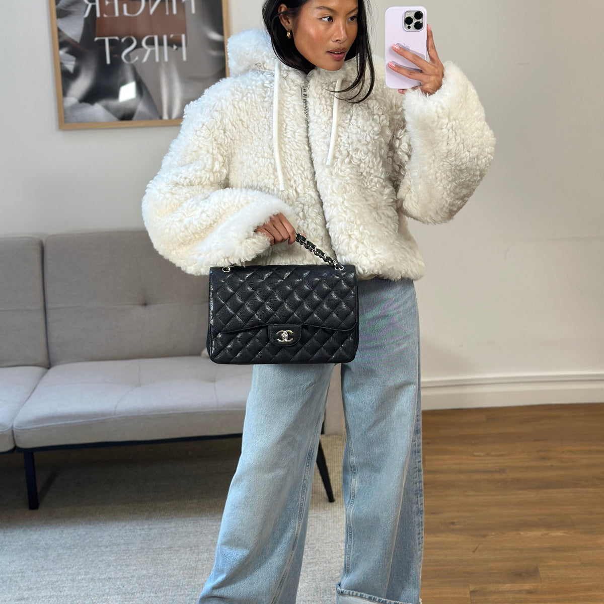 Chanel Black Jumbo Classic Double Flap Bag in Caviar Leather with Silver Hardware