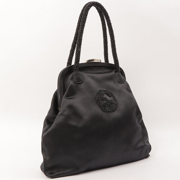 Gucci Satin Beads Logo Kiss-Lock Clasp Hand Bag Black