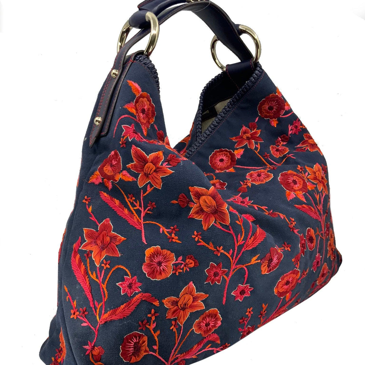 Gucci Floral Embroidered Canvas Large Horsebit Handle Hobo