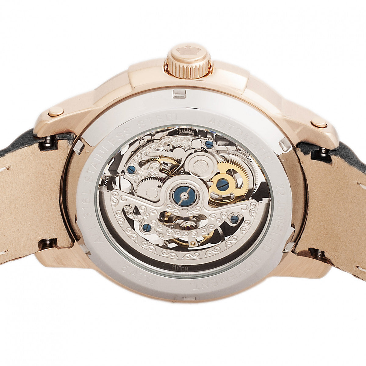 Reign Matheson Automatic Skeleton Dial Leather-Band Watch - Black/Rose Gold