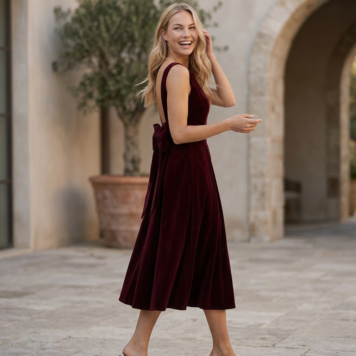 Vivienne | Midi Dress with Open Back and Bow Detail