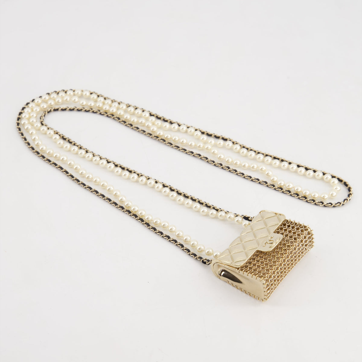 *RARE* Top Quality Chanel 21S Champagne Gold Bag Charm Necklace with White Pearls & Black Leather Chain Detail