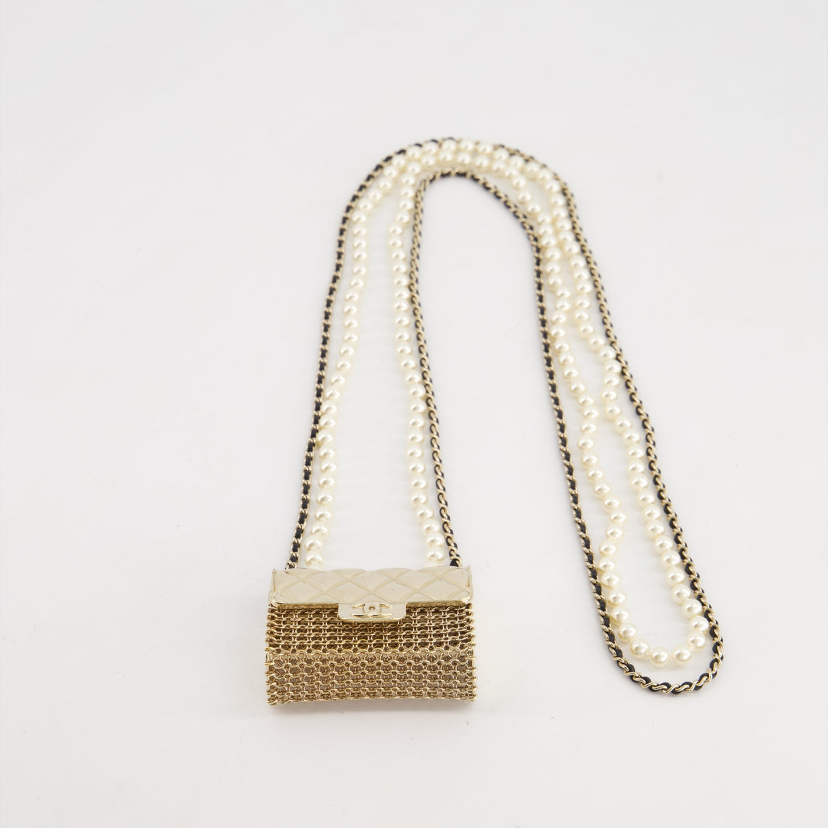 *RARE* Top Quality Chanel 21S Champagne Gold Bag Charm Necklace with White Pearls & Black Leather Chain Detail