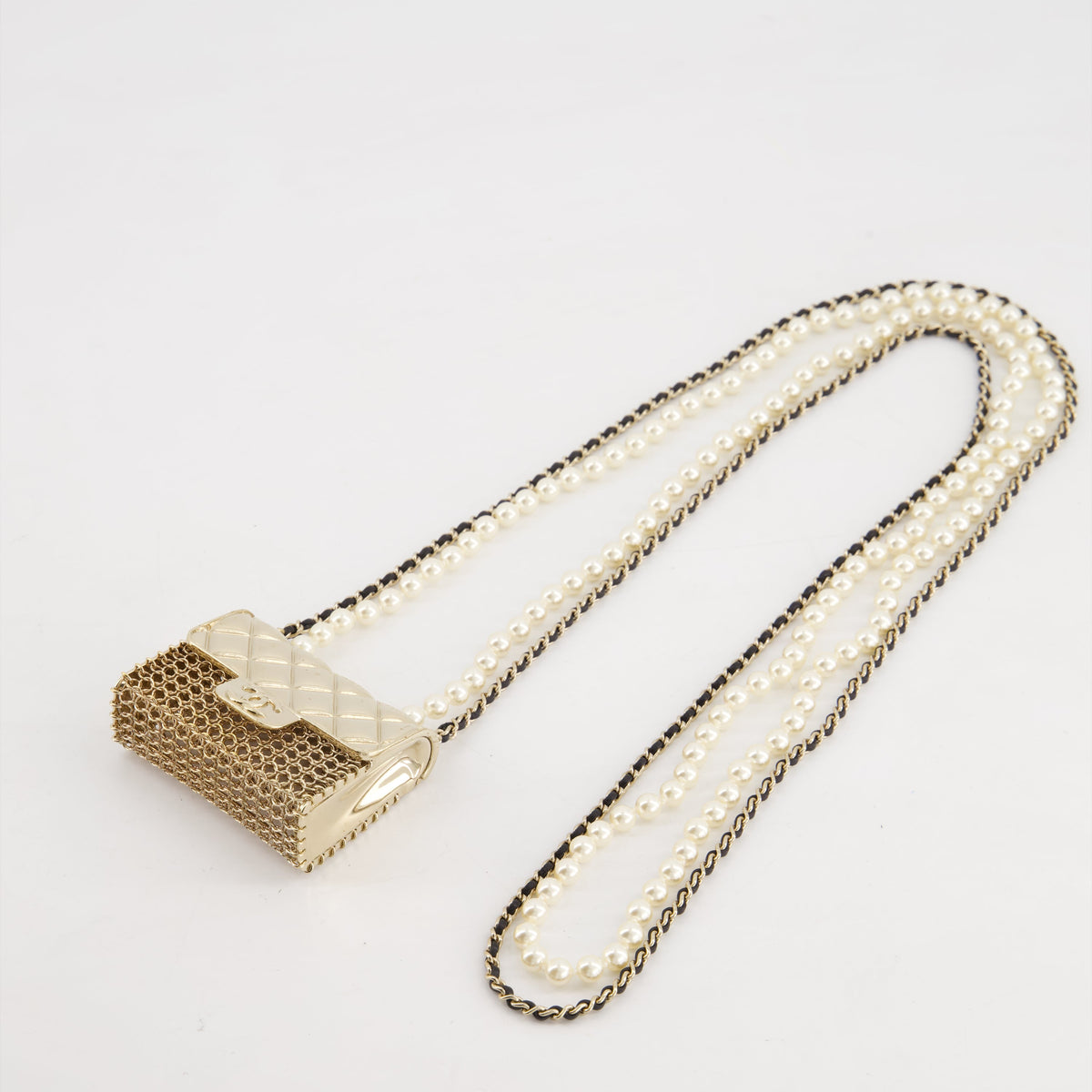 *RARE* Top Quality Chanel 21S Champagne Gold Bag Charm Necklace with White Pearls & Black Leather Chain Detail
