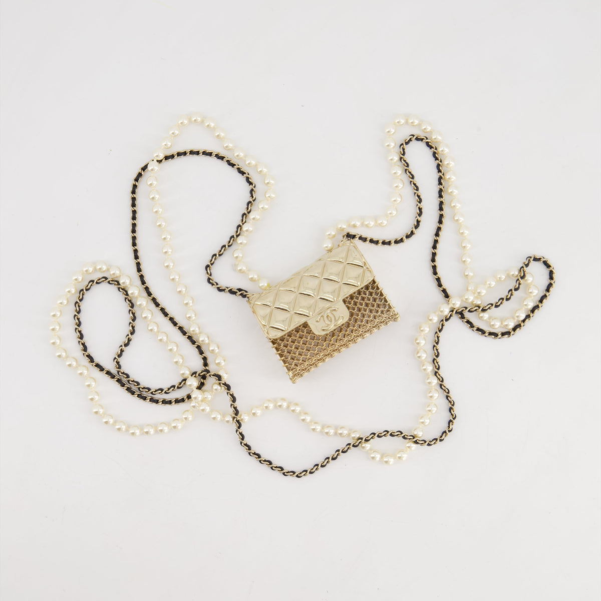 *RARE* Top Quality Chanel 21S Champagne Gold Bag Charm Necklace with White Pearls & Black Leather Chain Detail